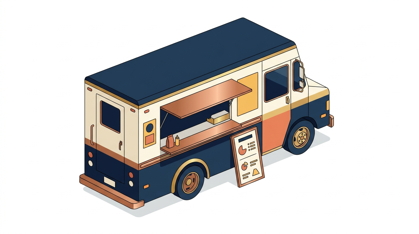 Isometric illustration of a single food truck with serving window open